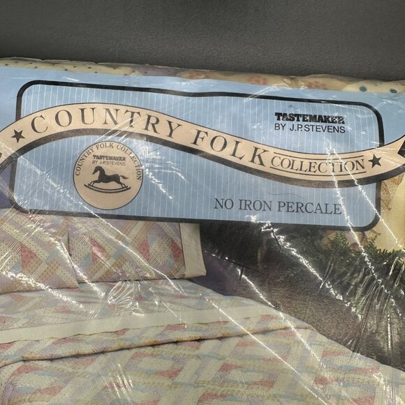 Vintage Full Flat Sheet 2 Pillowcases Set JP Stevens Country Folk 1980s Cottage - Picture 4 of 10